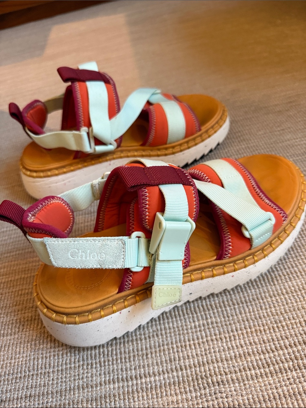 Chloe Colorblock Sandals in Orange, Light Blue & Maroon - Picture 2 of 4